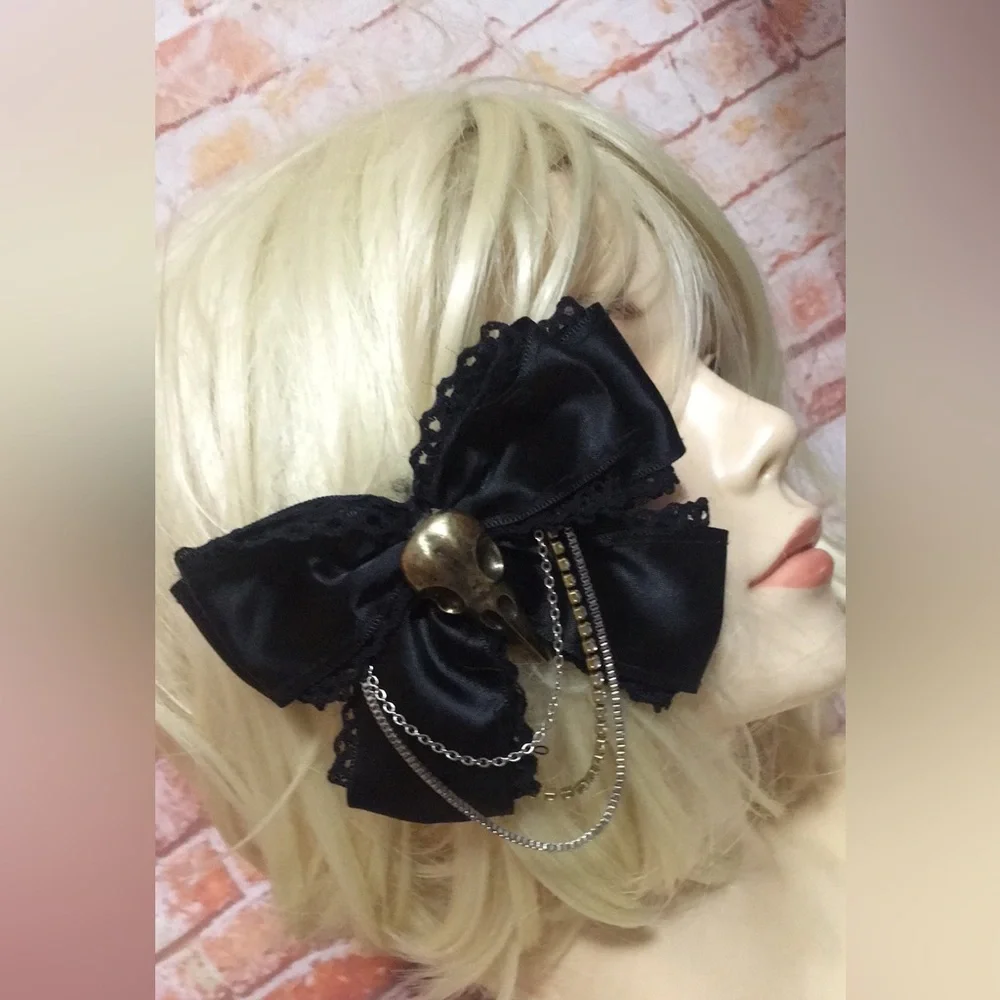 Black Satin Gothic Hair Bow Barrett with Skull Accent